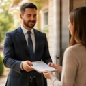 Process server handing legal papers to a recipient at her door